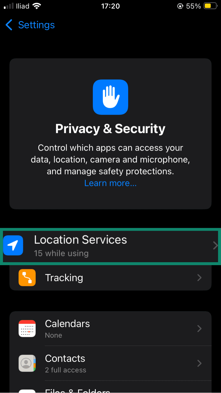 Privacy and Security menu, showing a highlighted