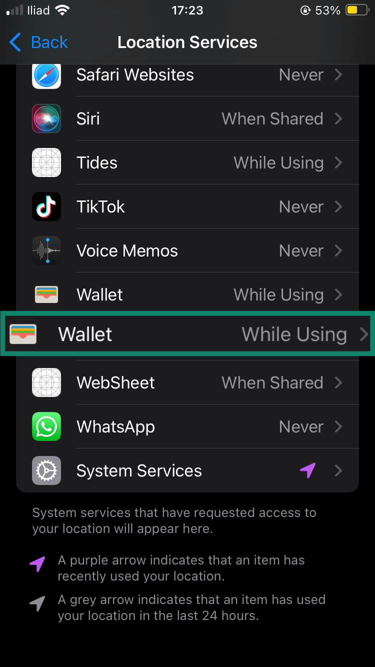 Location Services screen with the